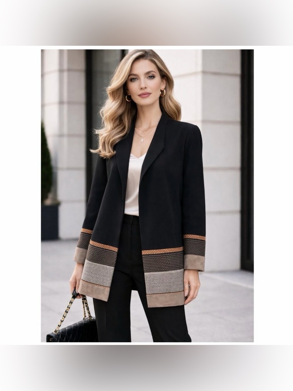 Lafayette 148 New York Black Open-Front Taupe Embroidered Leather Trim Jacket M